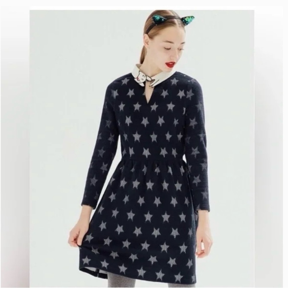 Miss Patina Cat Collar Bowie Stars Long-Sleeve Dress, Size Small